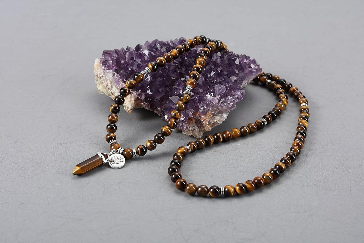 108 Mala Beads Bracelet 8mm Natural Amethyst Rose Quartz Healing Crystal Stone Mala Prayer Bead Necklace Hexagonal Prism Gemstone Reiki Pointed Pendant for Yoga Meditation Energy Balancing
