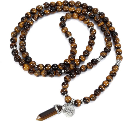 108 Mala Beads Bracelet 8mm Natural Amethyst Rose Quartz Healing Crystal Stone Mala Prayer Bead Necklace Hexagonal Prism Gemstone Reiki Pointed Pendant for Yoga Meditation Energy Balancing