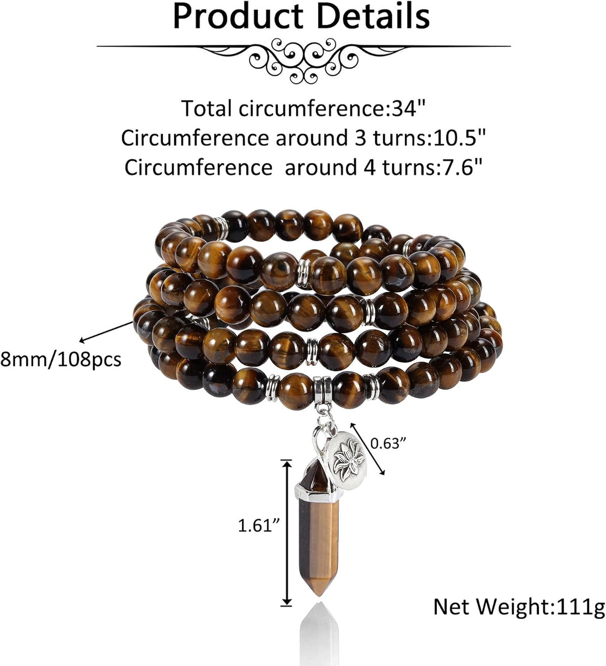 108 Mala Beads Bracelet 8mm Natural Amethyst Rose Quartz Healing Crystal Stone Mala Prayer Bead Necklace Hexagonal Prism Gemstone Reiki Pointed Pendant for Yoga Meditation Energy Balancing