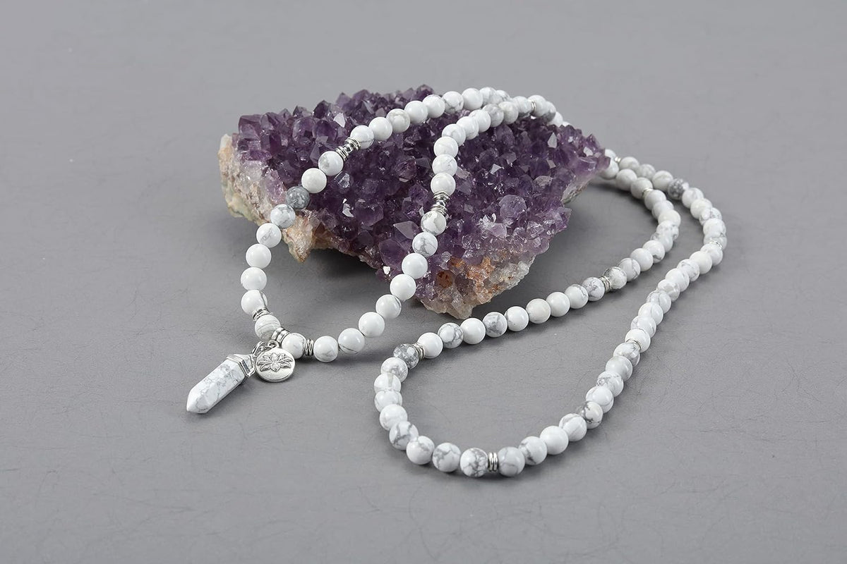 108 Mala Beads Bracelet 8mm Natural Amethyst Rose Quartz Healing Crystal Stone Mala Prayer Bead Necklace Hexagonal Prism Gemstone Reiki Pointed Pendant for Yoga Meditation Energy Balancing