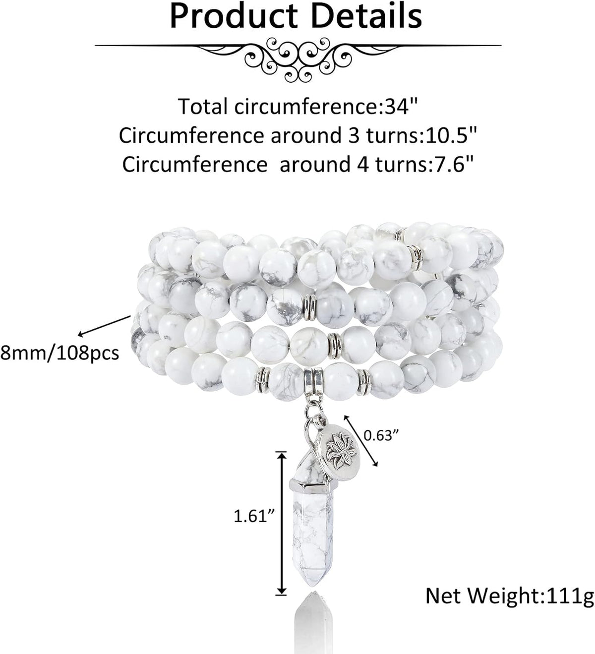 108 Mala Beads Bracelet 8mm Natural Amethyst Rose Quartz Healing Crystal Stone Mala Prayer Bead Necklace Hexagonal Prism Gemstone Reiki Pointed Pendant for Yoga Meditation Energy Balancing