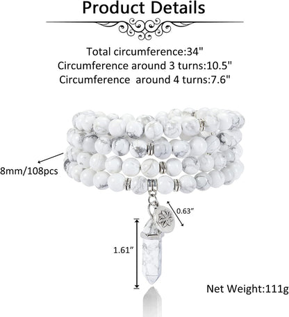 108 Mala Beads Bracelet 8mm Natural Amethyst Rose Quartz Healing Crystal Stone Mala Prayer Bead Necklace Hexagonal Prism Gemstone Reiki Pointed Pendant for Yoga Meditation Energy Balancing
