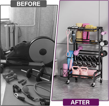 Dumbbell Rack, Weight Rack for Home Gym Storage Rack with Lockable Wheels & Hooks, Workout Equipment Storage for Yoga Mat Foam Roller Kettlebells Resistance Bands