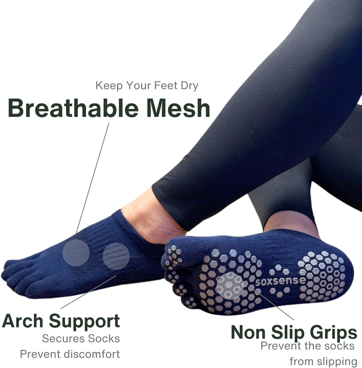 Soxsense Pilates Grip Toe Socks for Women & Men, Cushioned Low-Cut Five Finger Socks Non Slip for Yoga, Barre, Gym