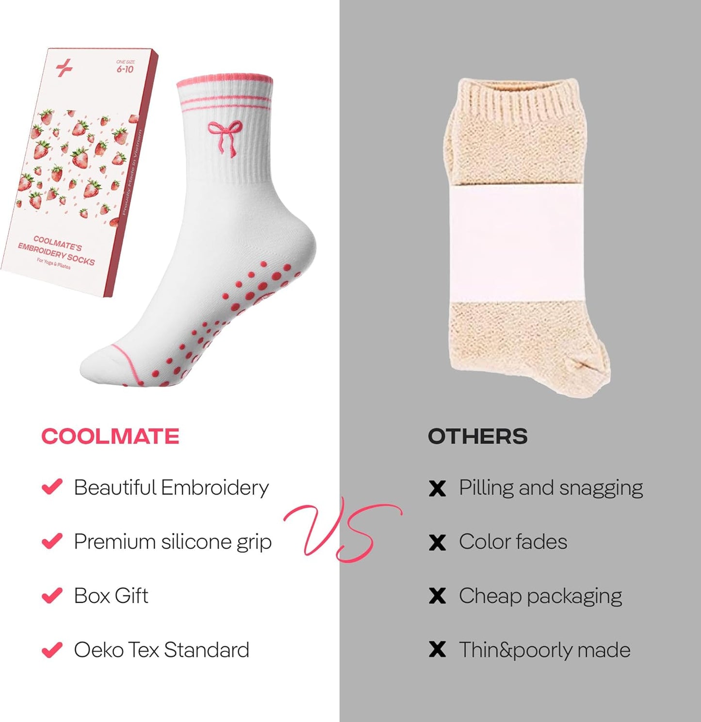 COOLMATE Pilates Socks with Grips for Women, Yoga Socks, Crew Non Slip Women for Barre, Pilates Gifts for Women - Colors A