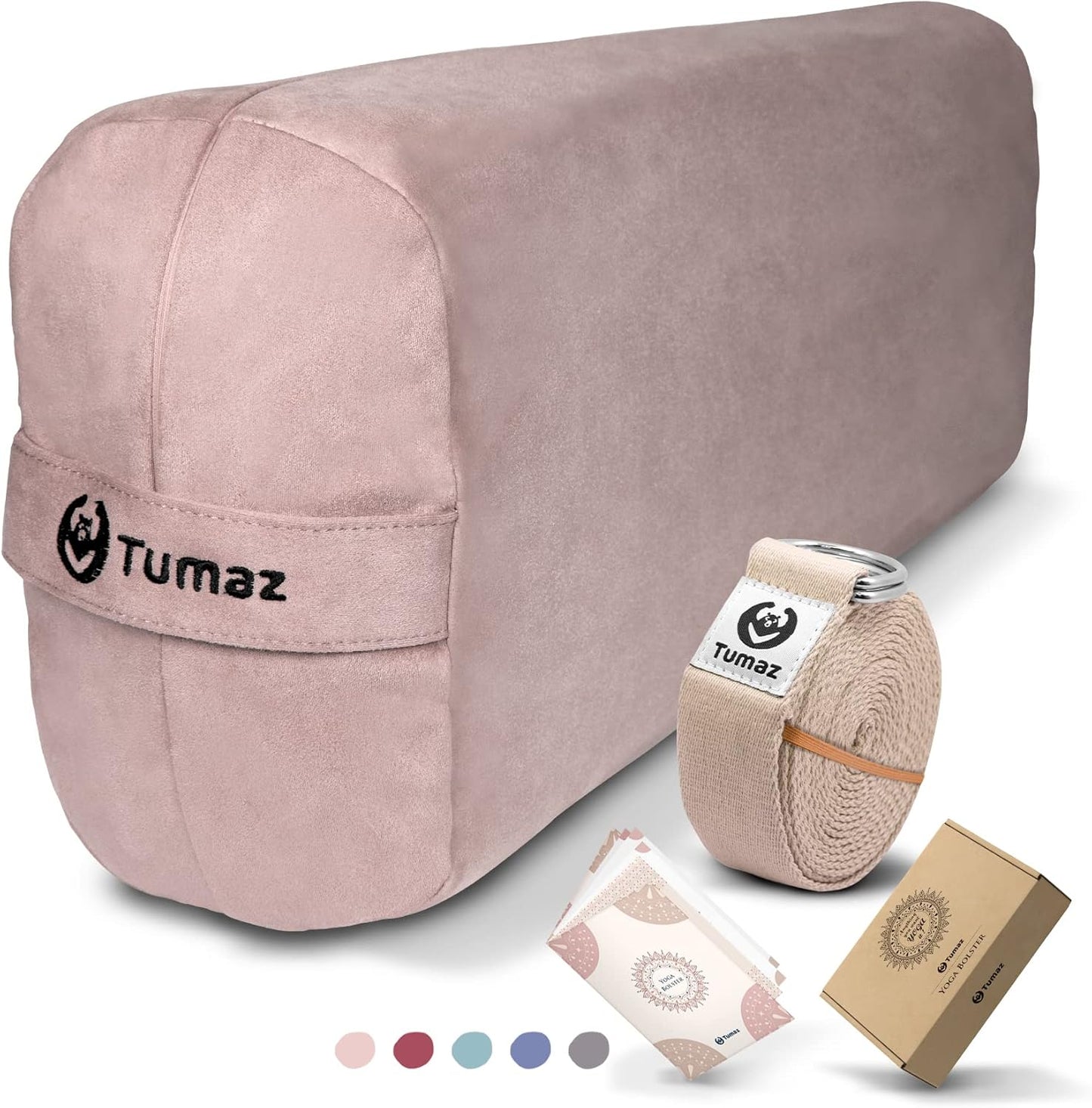 Tumaz Yoga Bolster Set - Rectangular Bolster Pillow for Restorative Yoga, Soft Meditation Pillow with Carry Handle and 8-Feet Strap, Machine Washable Cover