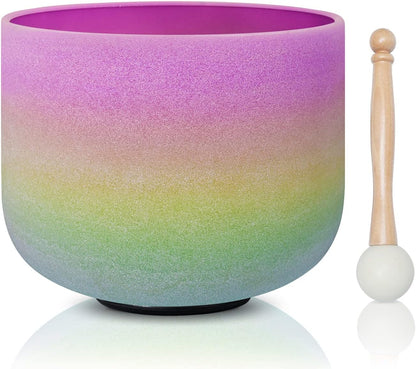 CVNC 440HZ 8 Inch Rainbow Colored A Note Third-Eye Chakra Frosted Quartz Crystal Singing Bowl for Sound Healing and Meditation