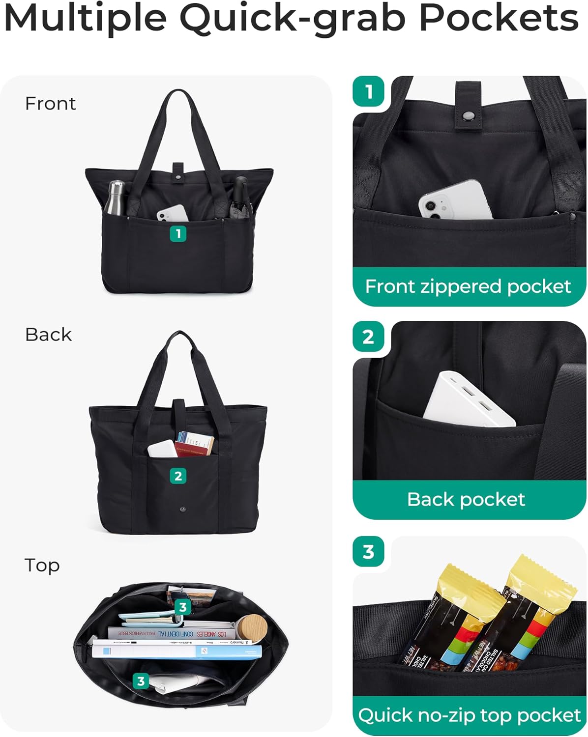BAGSMART Tote Bag for Women, Foldable Tote Bag With Zipper Travel Shoulder Bag Handbag for Work