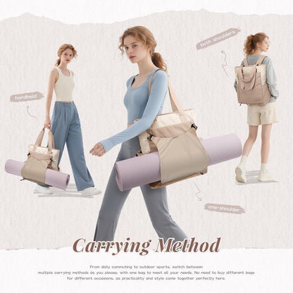 GOLF SUPAGS 3-in-1 Laptop Tote Backpack for Women 15.6" Quilted Work Gym Bag with Hidden Yoga Mat Carrier for Travel Leisure (Gravel Brown & Beige)