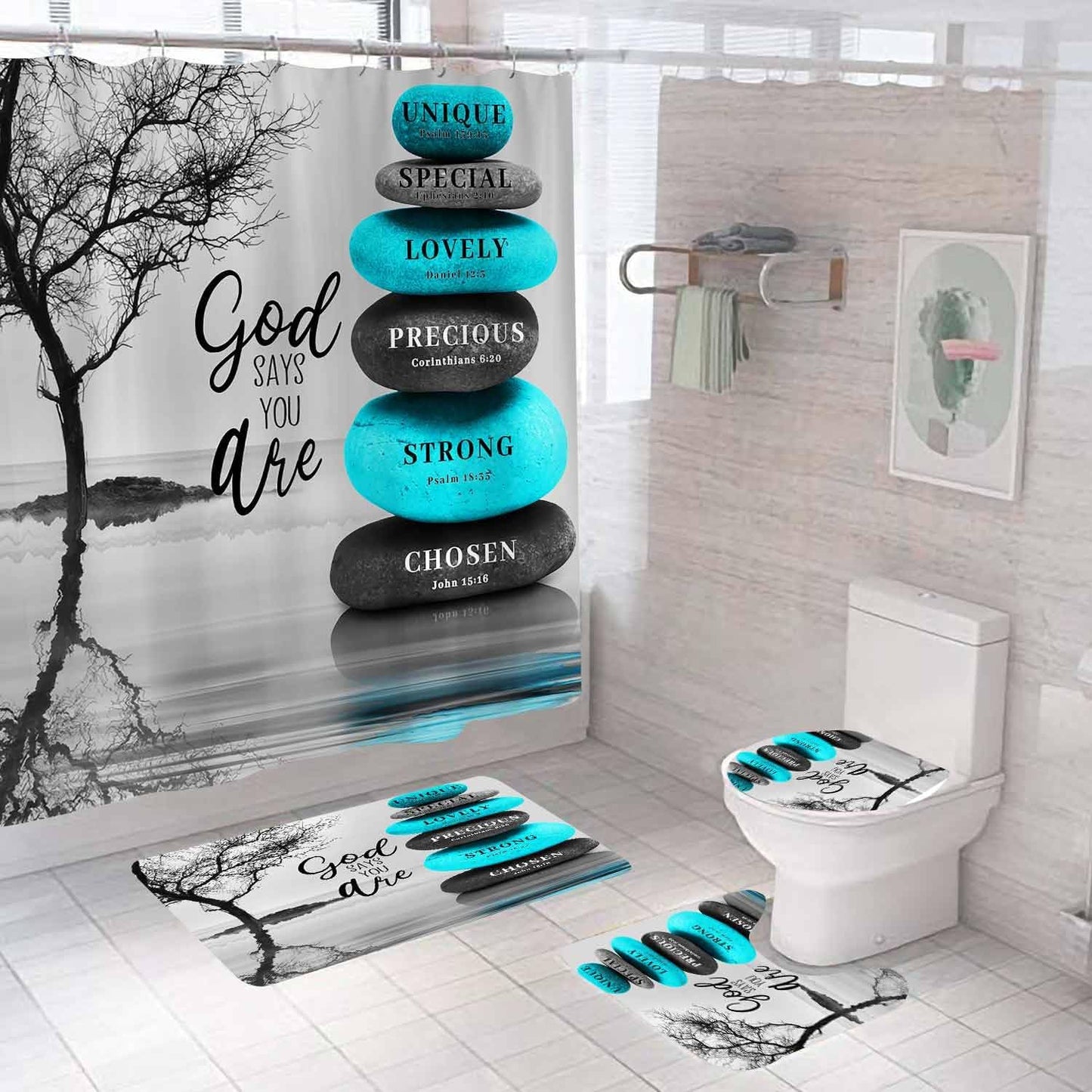 4PCS Spa Zen Shower Curtain Sets with Rugs, White Shower Curtain, Pink Floral Orchid Lotus Water Lily Stone Bamboo Water Reflection Yoga Massage Relaxing Spiritual Meditation Bathroom Decor