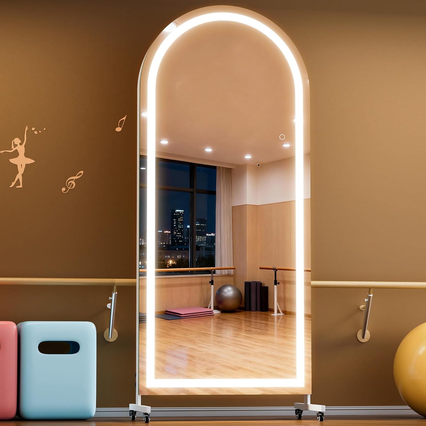 Hasipu 71" x 28" Arched Rolling Home Gym Mirror with Wheels, 360° Swivel Body Mirror with HD Tempered Glass, Large Floor Mirror for Yoga Room, Dance Studio, Bedroom & Home Gym
