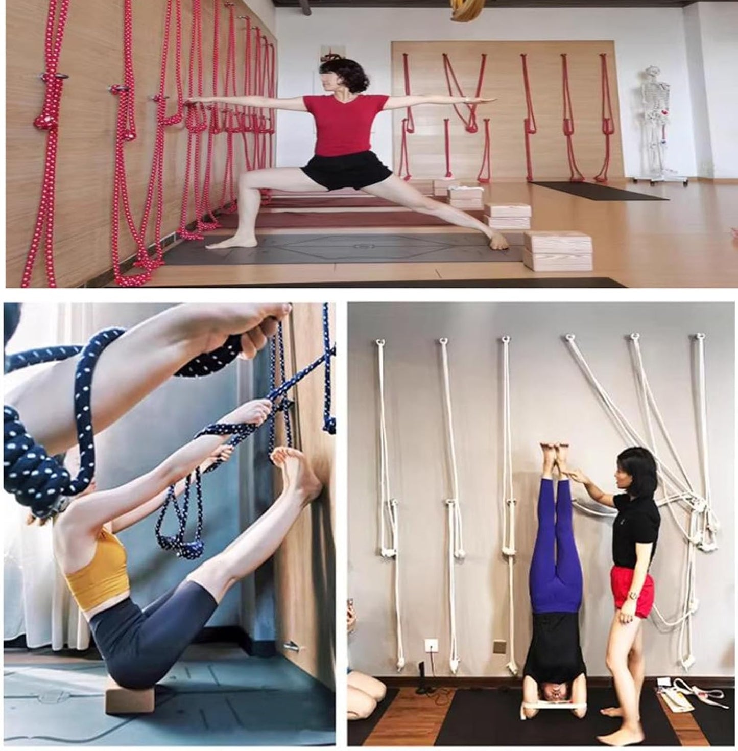 Yoga Wall Rope Set, Inversion & Backbend Training Strap for Deep Stretching, Mobility & Stress Relief, Durable Cotton Rope for Home Yoga Studio Practice, 4 Ropes, 4 Wall Anchors