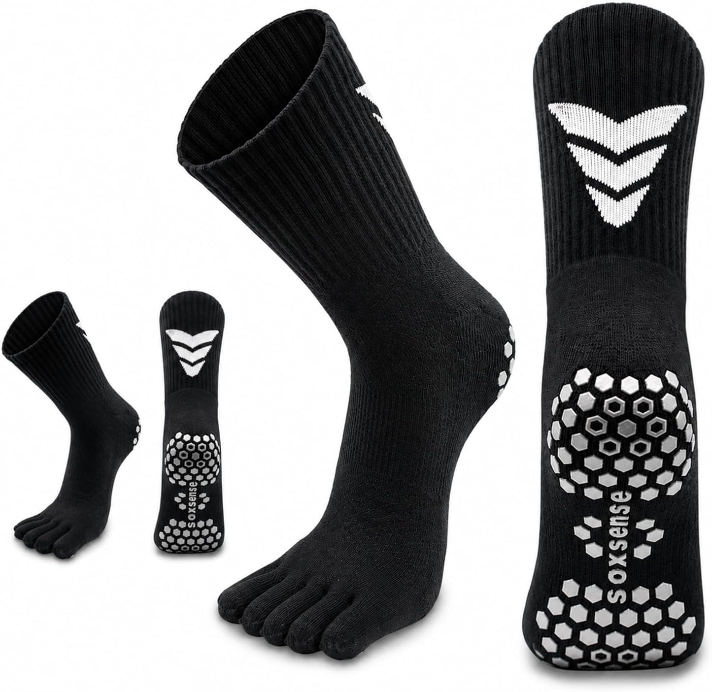Soxsense Multi-Pack Sports Grip Toe Socks with Cushion, Non-Slip Finger Socks for Pilates, Home Gym, Soccer, basketball
