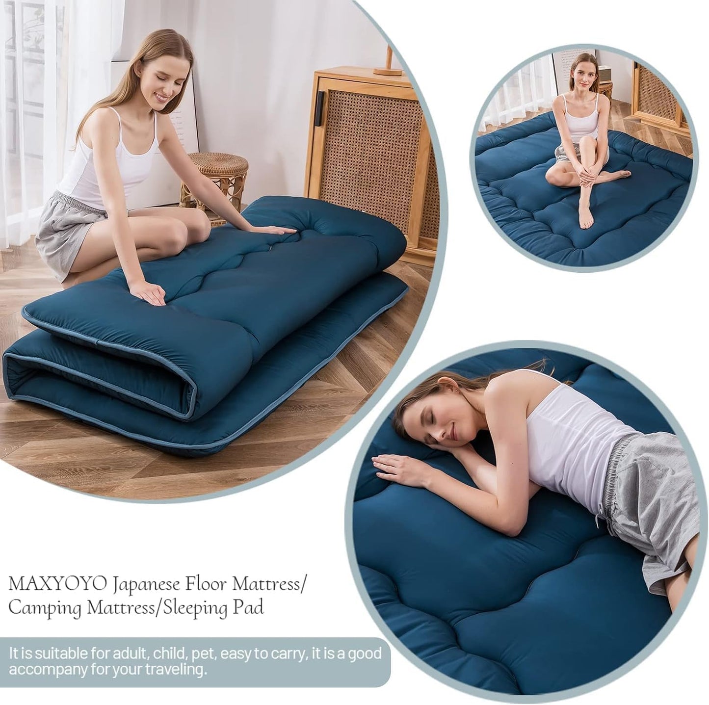 MAXYOYO Bohemian Retro Mattress Boho Floral Japanese Futon Mattress Tatami Floor Mat Foldable Portable Camping, Sleeping Pad, Lounger Couch Bed Full Size