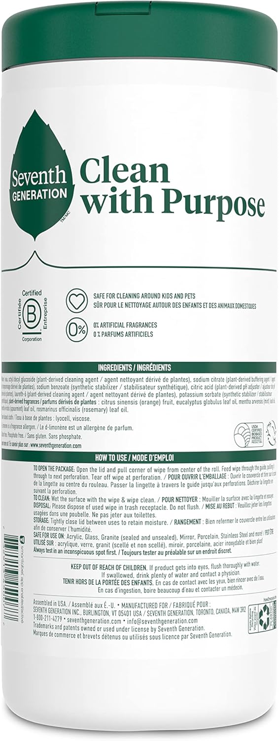 Seventh Generation Multi-Surface Wipes, 70 Count, Pack of 3, Garden Mint, Plant-Based Cleaning Wipes, No Harsh Fumes or Residue, Safe Around Kids