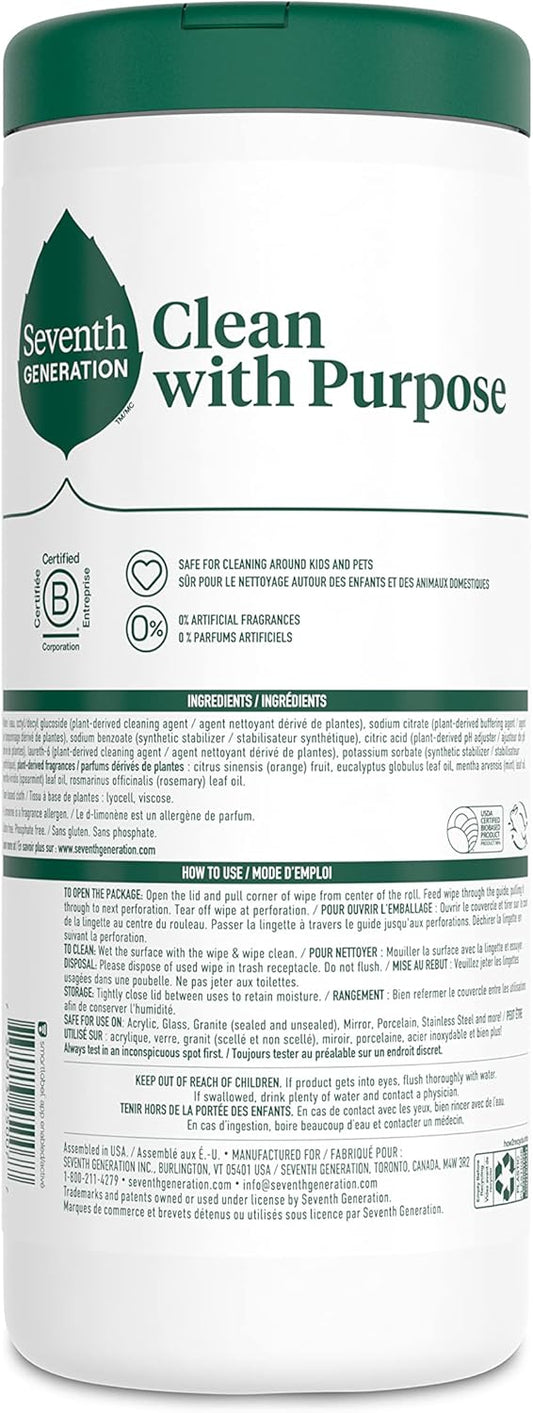 Seventh Generation Multi-Surface Wipes, 70 Count, Pack of 3, Garden Mint, Plant-Based Cleaning Wipes, No Harsh Fumes or Residue, Safe Around Kids