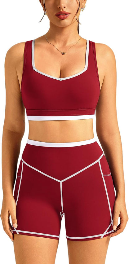 ABOCIW Womens Two Piece Workout Sets Color Block Sports Bra Matching High Waist Biker Shorts Active Gym Yoga Outfits