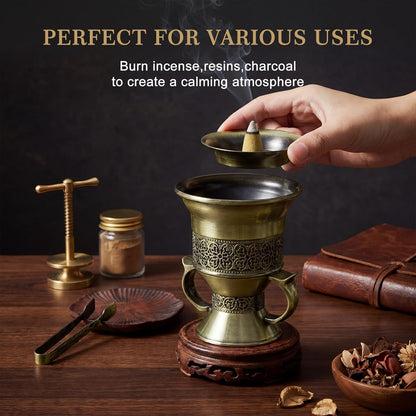 Zonon 1 Set Incense Burner with Tong, Frankincense Charcoal Incense Stand Holder, Ideal for Yoga, Spa, Aromatherapy, Home and Christian Church Censer (Gold,Retro)