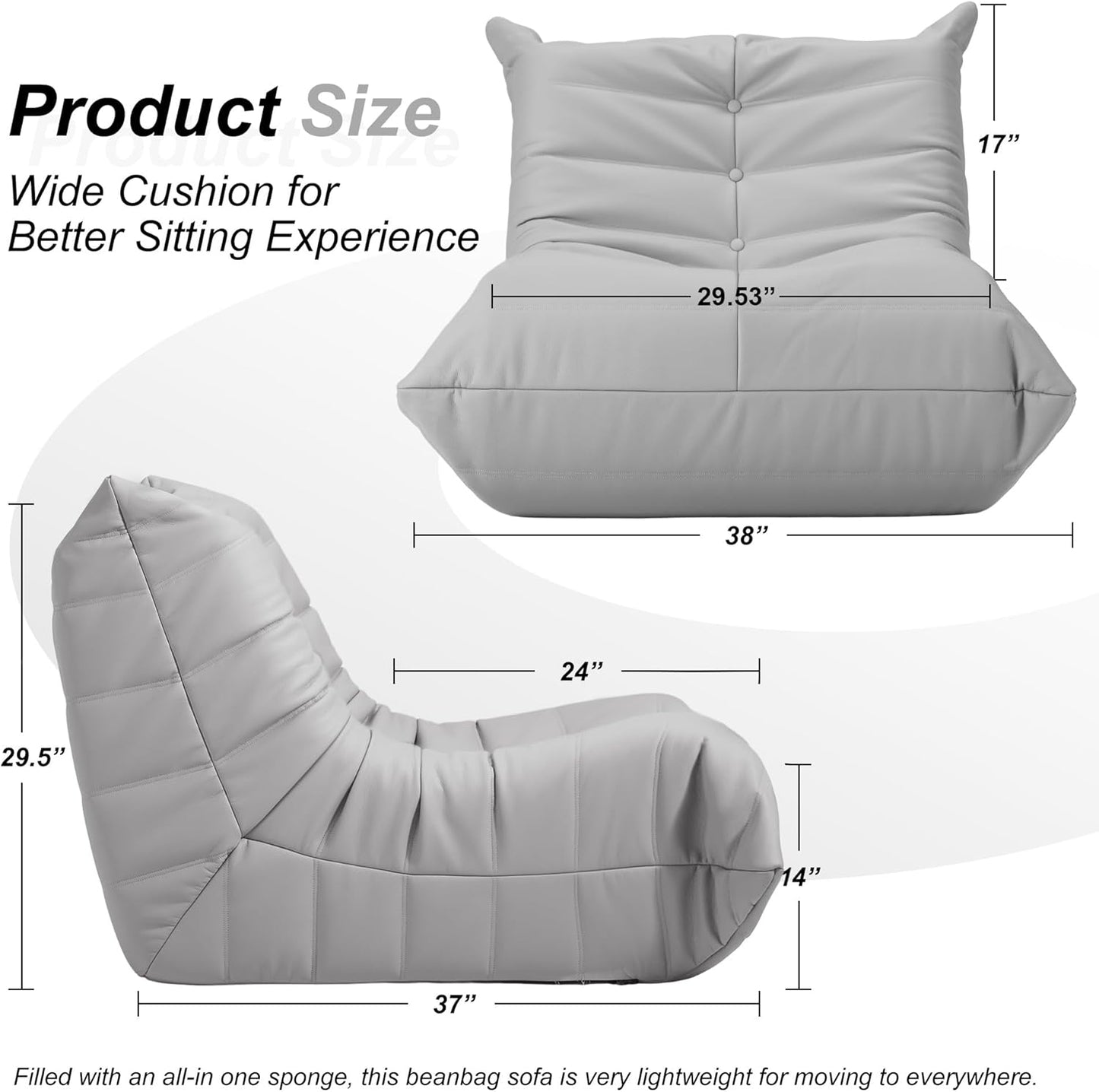 Hobestluk Giant Bean Bag Chair Lazy Floor Sofa, Memory Foam Fireside Sofa for Adults, Big Beanbag Faux Leather Armless Chair for Living Room Bedroom Dorm Office (Brown, Single)