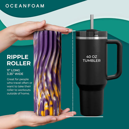 Oceanfoam Ripple Travel Foam Roller (11" x 3.35") Firm Mini Foam Roller for Physical Therapy, Deep Tissue Massage, Back Pain - High Density, Ergonomic Wave Textured - Yoga, Pilates, Exercise (Natural) - Colors A