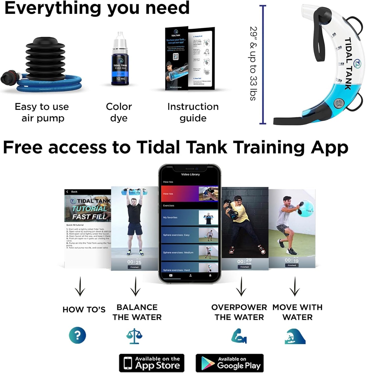 Tidal Tank Tube - The Original Aqua Bag - Water Weight Bag up to 79 lbs - Adjustable Workout Sand Bags Weights Alternative - Portable Sandbag Fitness Equipment Set, Home Exercise Gym - Including App
