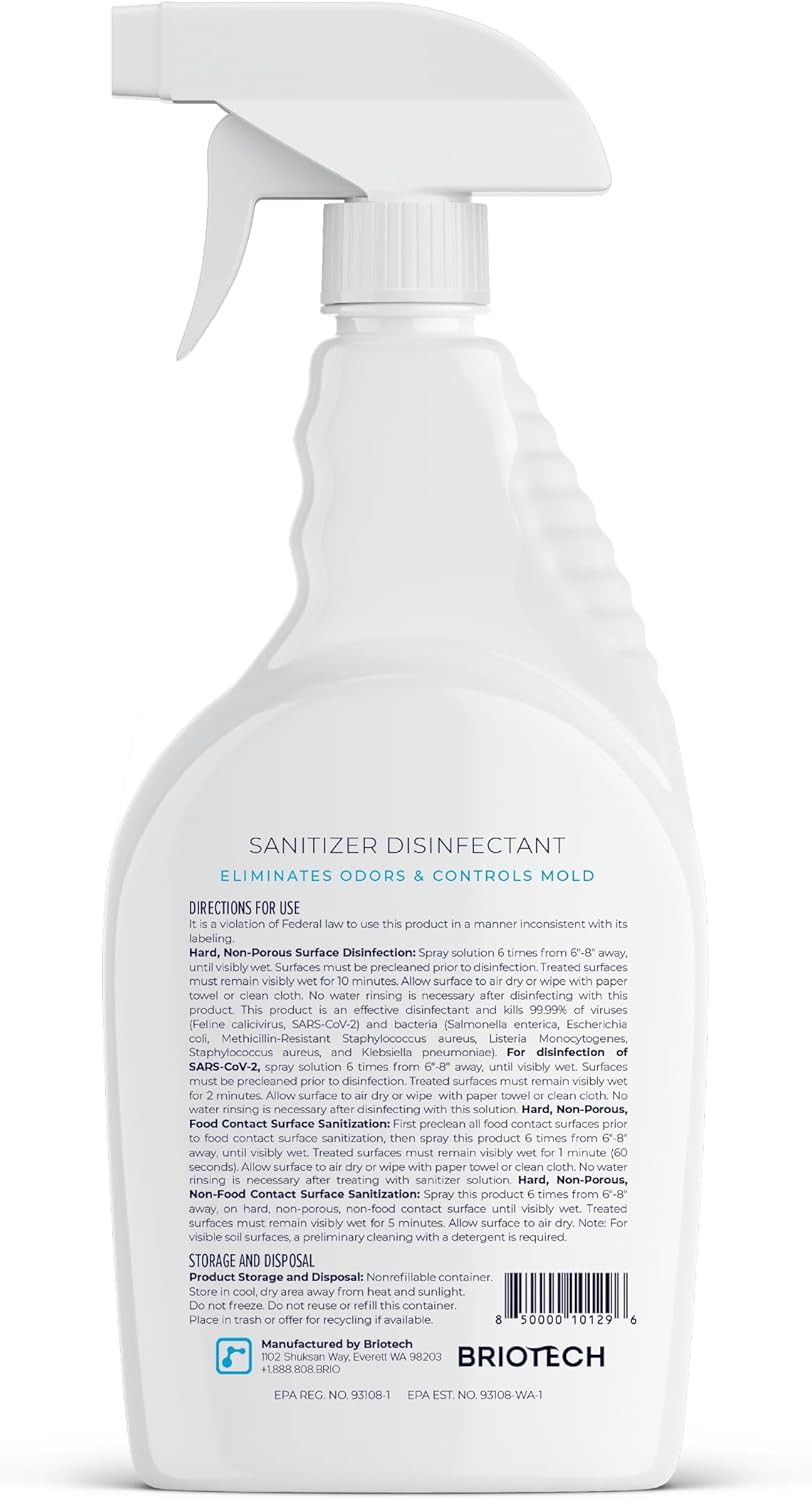 BRIOTECH Sanitizer Disinfectant Hypochlorous Spray, Kill 99.99% of Viruses & Bacteria, Control Mold, Eliminate Odor, Gentle for Nursery & Play Rooms, Food Contact Surface Sanitizer, 32 fl oz