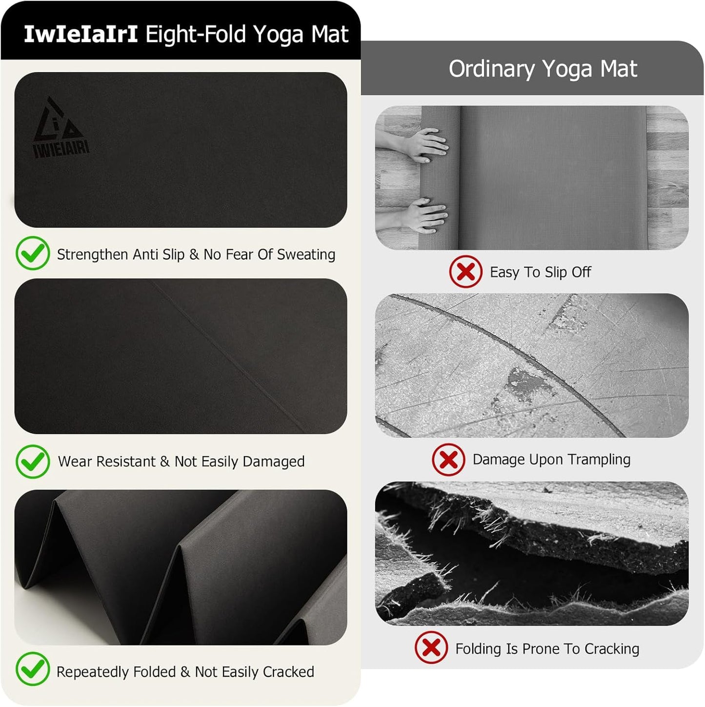 IwIeIaIrI Foldable Yoga Workout Mat with Strap– 1/4" (6MM) Thick, Lightweight, Non-Slip, 69x24" Long-Wide, POE, Portable & Easy to Store for Women Men Home Workout, Pilates, Gym, Travel, Floor Exercises (Dark Grey)