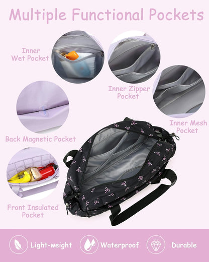 CAMTOP Mini Gym Bag for Women, Small Gym Tote Bag Puffy Quilted Sports Duffel Bag with Wet Compartment and Coin Purse Duffel Bags Dance Yoga Workout Bag for Gifts (All Black, Mini-12.6")