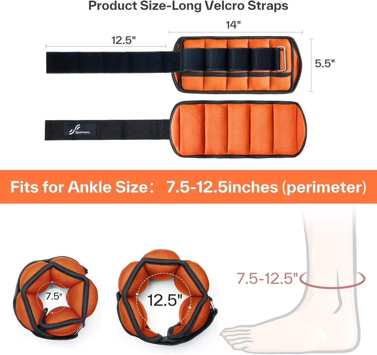 Sportneer Adjustable Ankle Weights Set - 1 Pair (2-10 lbs) Removable Sandbags for Women & Men, Comfortable Neoprene Leg Weights for Walking, Running, Pilates, Yoga, Home Workout & Physical Therapy
