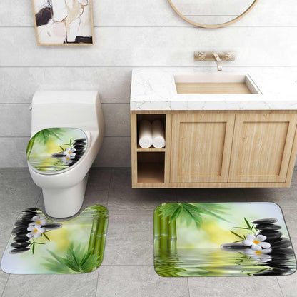 4PCS Spa Zen Shower Curtain Sets with Rugs, White Shower Curtain, Pink Floral Orchid Lotus Water Lily Stone Bamboo Water Reflection Yoga Massage Relaxing Spiritual Meditation Bathroom Decor