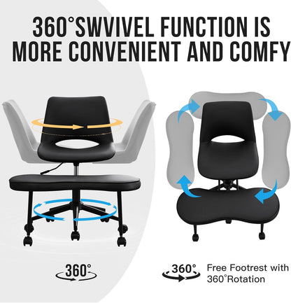 GAOMON Ergonomic Cross Legged Chair with High Lumbar Support, 360° Swivel Meditation Chair with Wheels - Adjustable Height for ADHD Desk & Yoga, PU Leather Yoga Stool for Home, Black