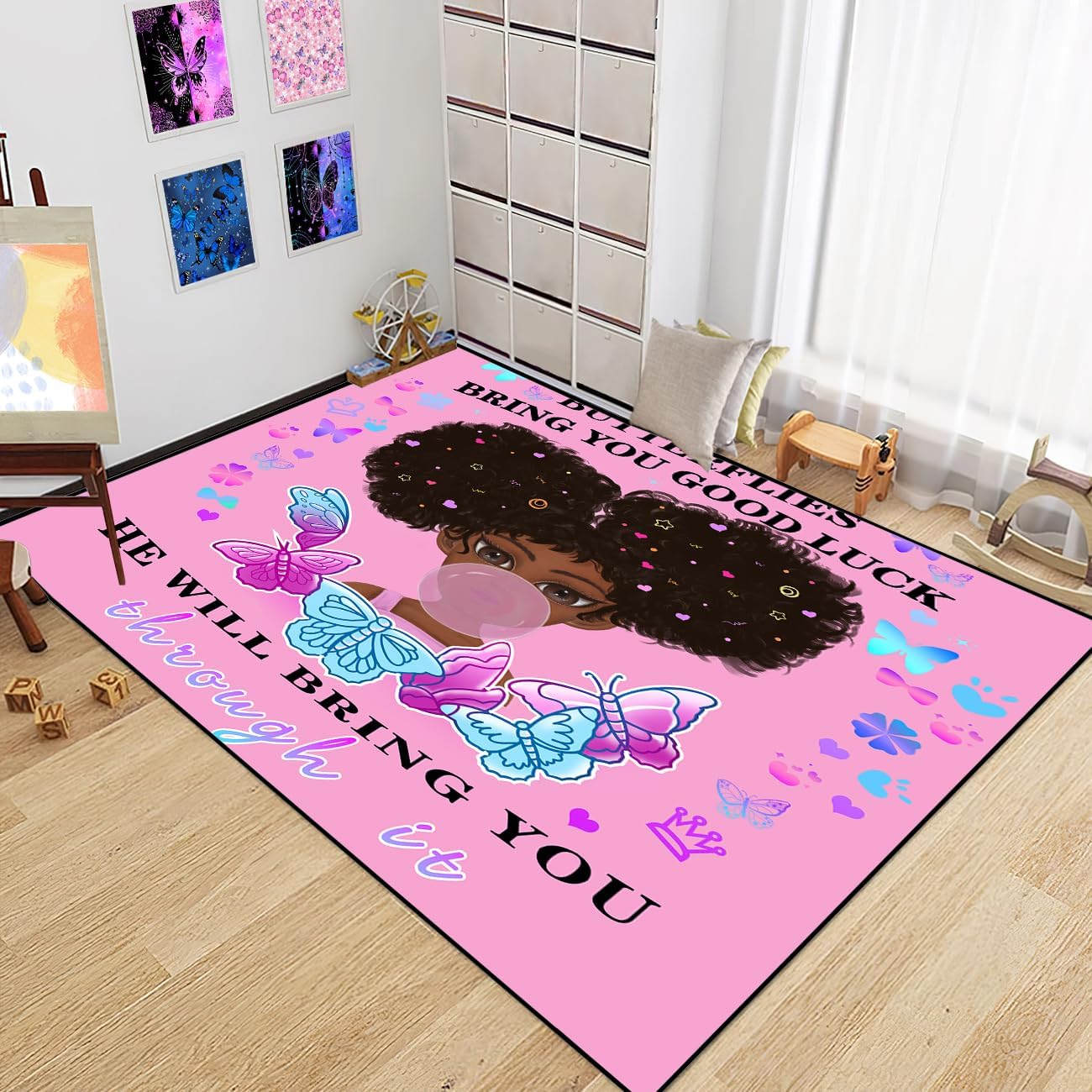 Black Girl Area Rug for Bedroom African Black Girls Floor Rugs for Living Room Playroom Cartoon Art Home Decor Soft Yoga Mats for Women Afro Purple 47" x 31" (2.7 x 3 Feet)