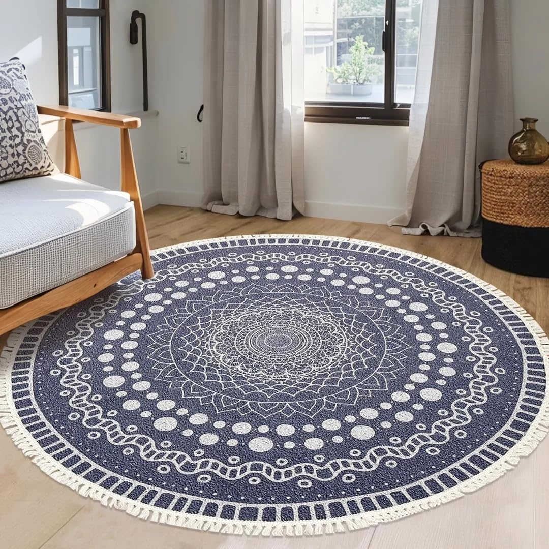Boho Rug 5Ft Round Bedroom Carpet Circle Nonslip Farmhouse Area Rug Rustic Mandala Floor Mat for Living Room Locker Room Tassel Yoga Throw Rugs Washable Doormat, Purple