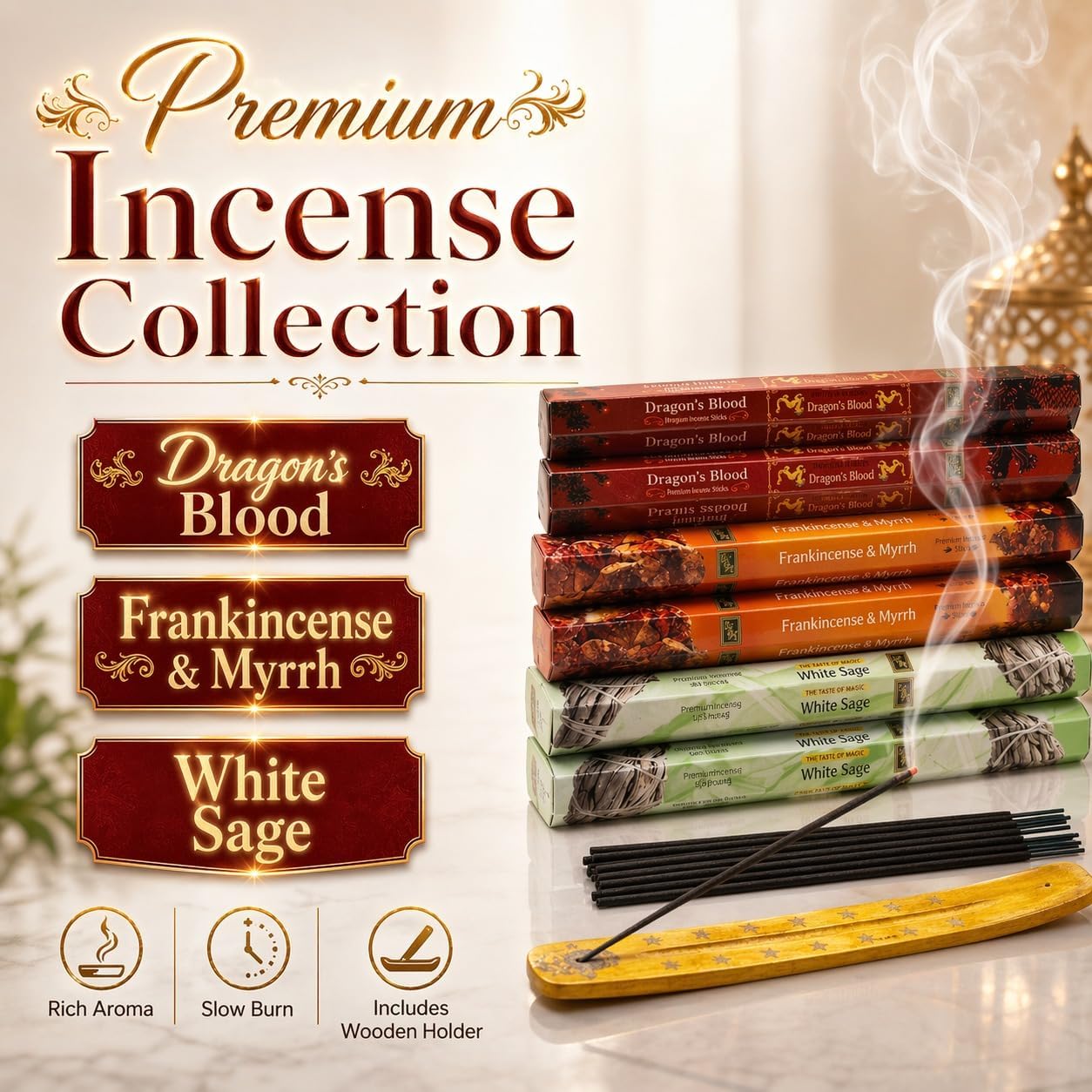 Incense Sticks Variety Pack | Dragon’s Blood, Frankincense & Myrrh & White Sage -120 Sticks | with Free Wooden Holder | Smudging Kit for Home Fragrance, Meditation & Yoga | Krishnascents