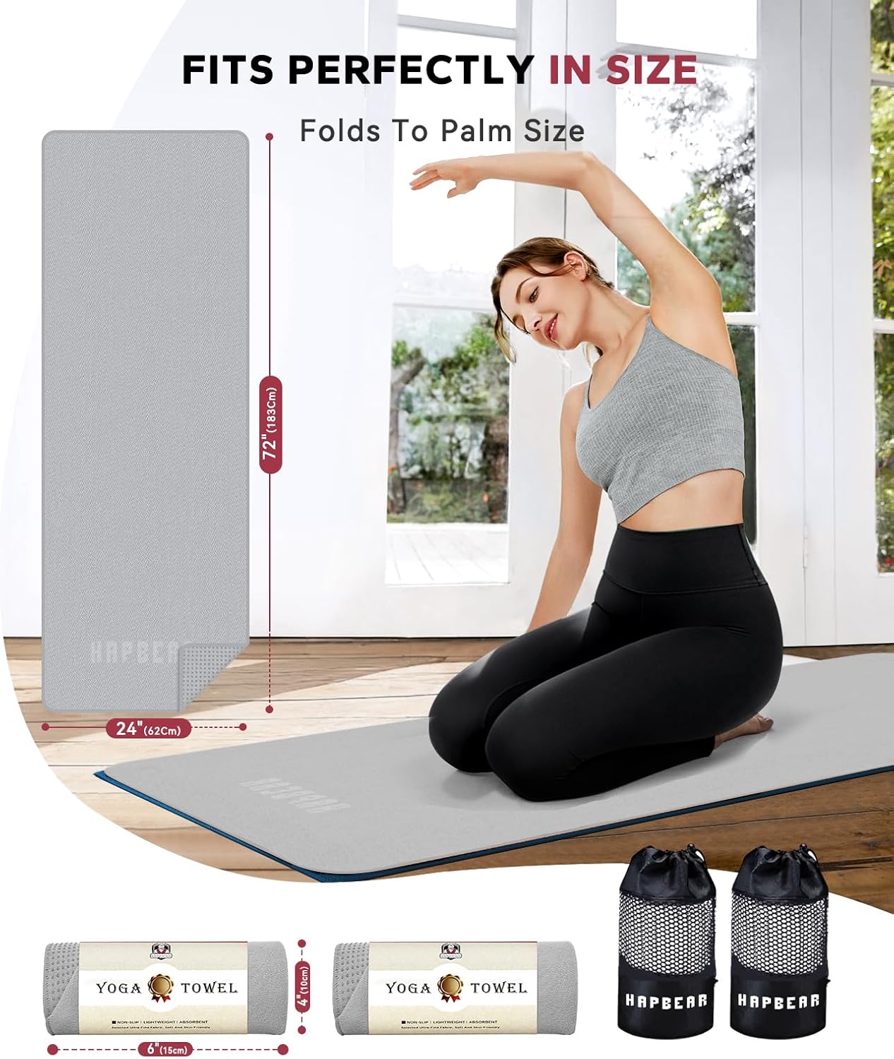 HAPBEAR Hot Yoga Towel with Non-Slip Grip Dots, Super-Absorbent Microfiber Yoga Mat Towel for Sweaty Bikram, Pilates and Studio Workouts - Grey