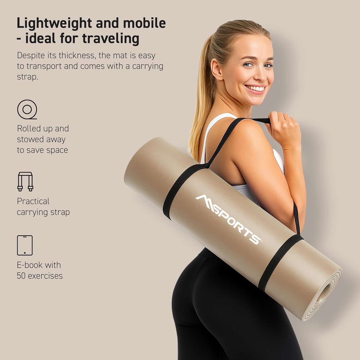 MSPORTS Yoga Mat Premium Non Slip Thick – Extra Comfortable Exercise Mat for Home Workouts, Pilates, Stretching & Gym – Cushioned NBR Foam, Gym Mat with Strap, for Women & Men