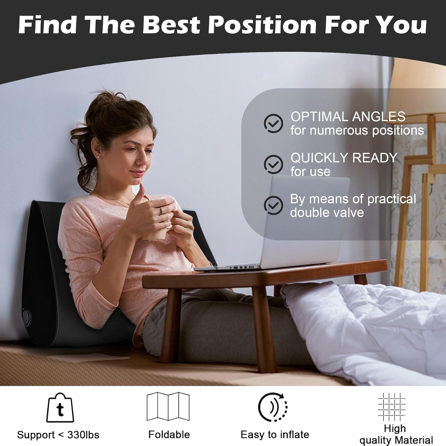 Prosixtoy Portable Wedge Pillow Inflatable Cushion - Body Positioners Lightweight Wedge Pillow for Sleeping, Leg Elevation, Use in Bed, Travel, Camping, Fast Inflating Deflation (Black)