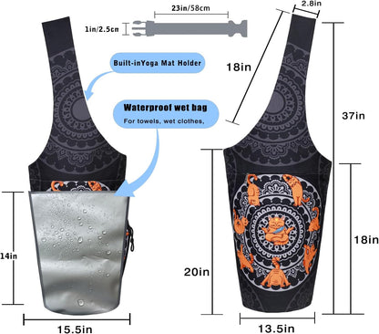 Yoga Mat Bag - Large Opening Long Tote Yoga Mat Carrier Holder Bag with Waterproof Wet Zipper Pocket and Drawstring Water Bottle Pocket - Yoga Bag Fit Most Size Mats