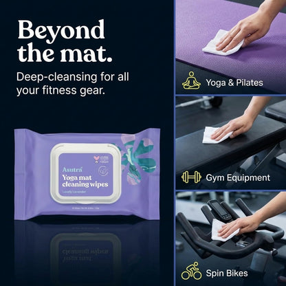 ASUTRA Yoga Mat Cleaning Wipes (Lovely Lavender), 2 Pouches (30 Wipes Each) - No Slippery Residue, Deep-Cleansing for Fitness Gear & Gym Equipment