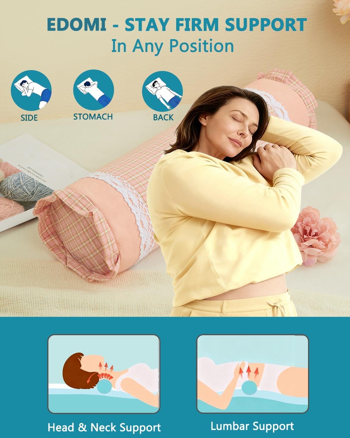 Buckwheat Hull Neck Roll Pillow -15.7" x4.7” Adjustable Firmness Cervical Support for Sleep & Yoga, Cooling Floral Cotton Cover, Ergonomic Bolster Pillow, Blue
