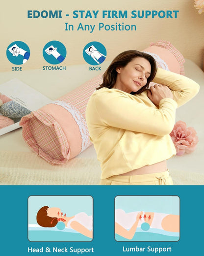 Buckwheat Hull Neck Roll Pillow -15.7" x4.7” Adjustable Firmness Cervical Support for Sleep & Yoga, Cooling Floral Cotton Cover, Ergonomic Bolster Pillow, Blue