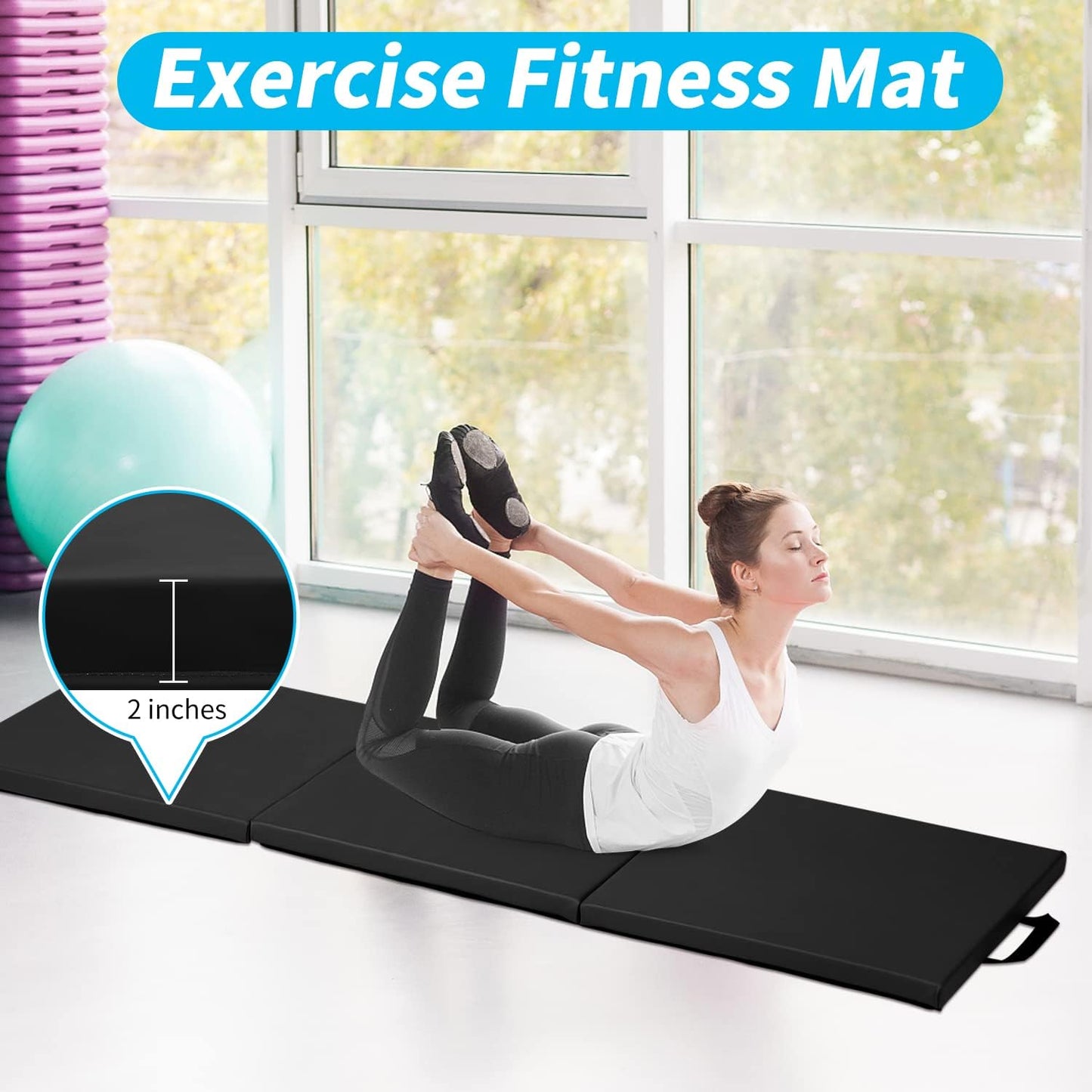 BLKMTY Gymnastics Mats - 2'x6' Folding Exercise & Yoga Mat with Carrying Handles for Kids' Tumbling & Home Gym