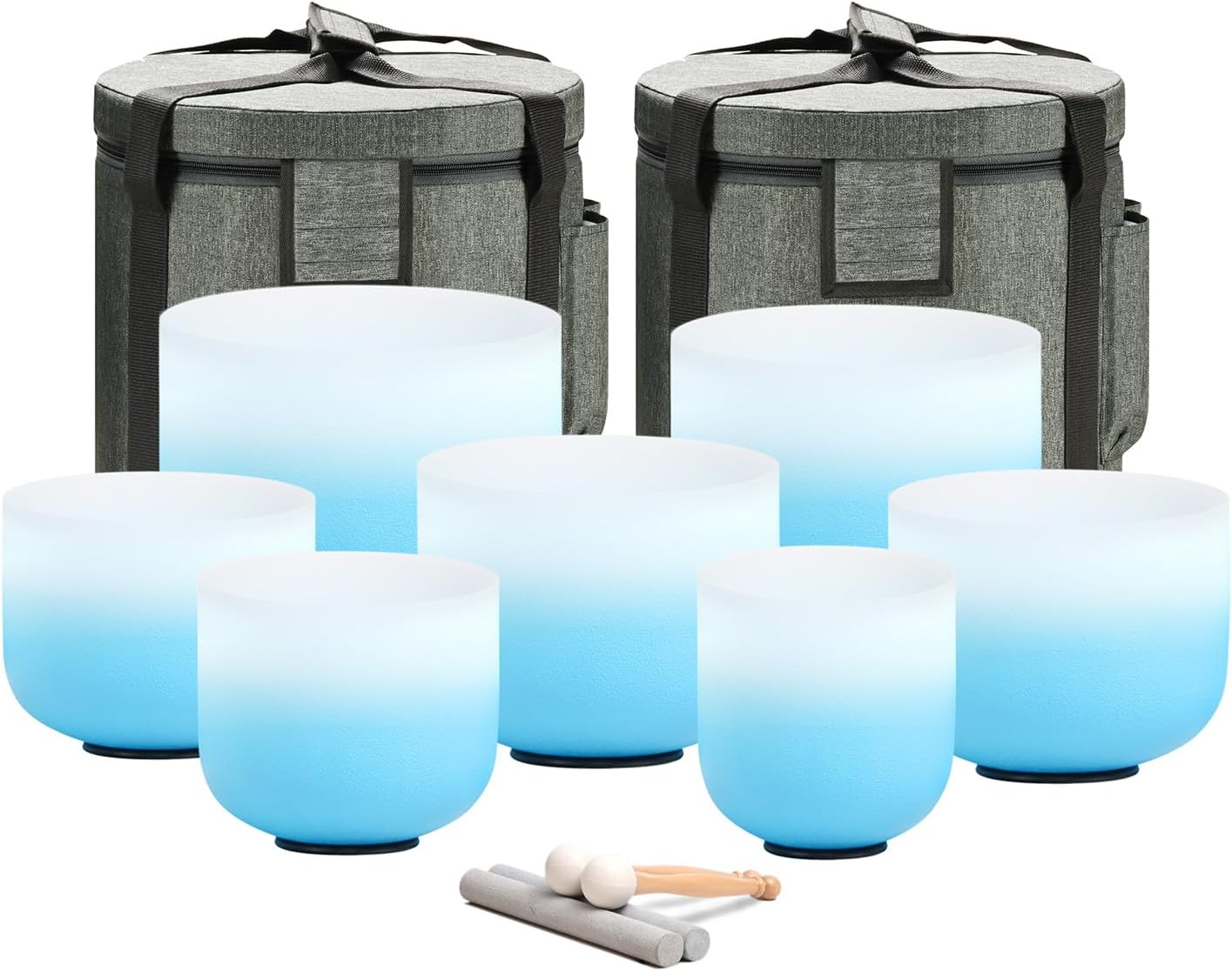 CVNC 432HZ 6-12 Inch Set Of 7 PCS Frosted Chakra Quartz Crystal Singing Bowls for Sound Healing with 2 PCS Travel Carry Case Bag