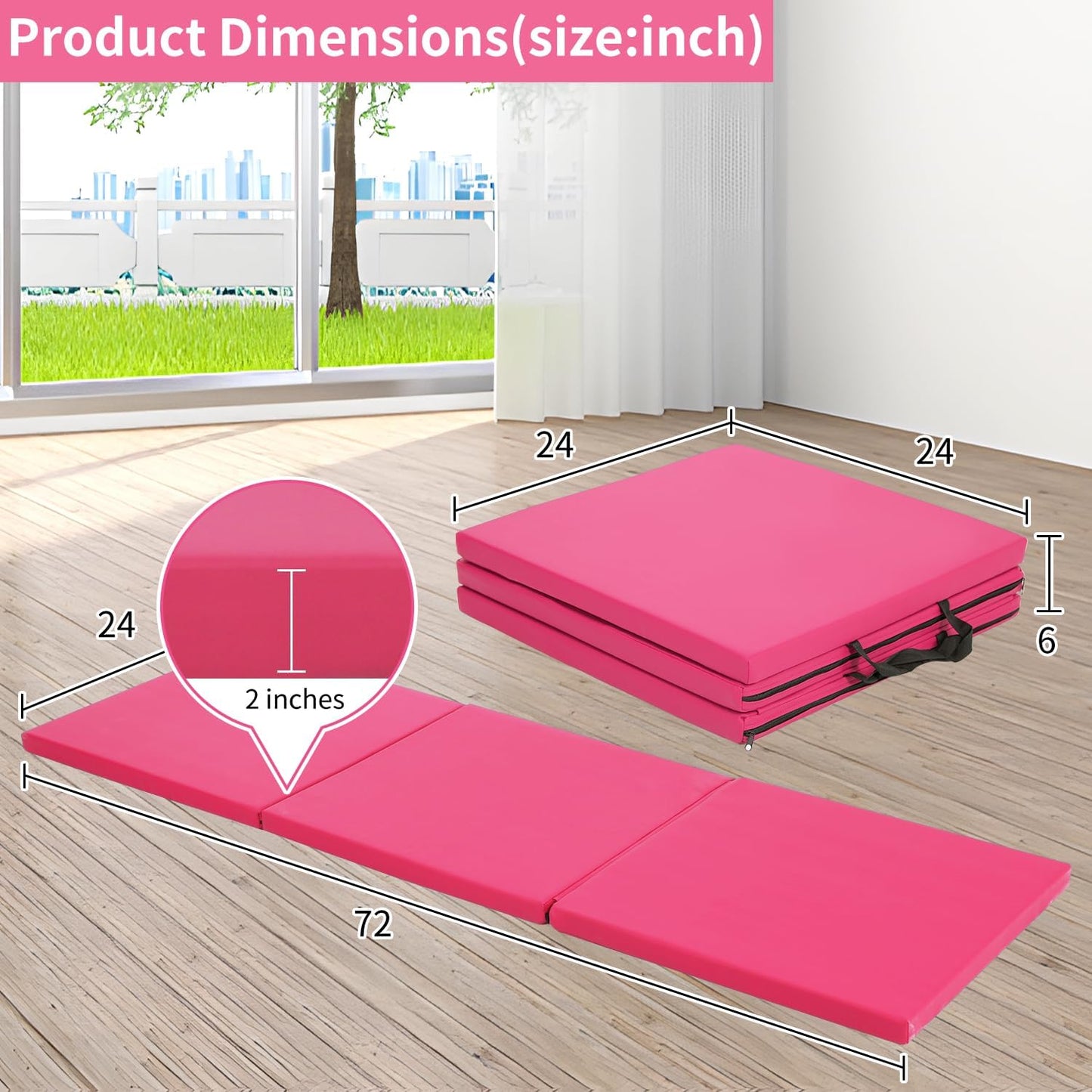 BLKMTY Gymnastics Mats - 2'x6' Folding Exercise & Yoga Mat with Carrying Handles for Kids' Tumbling & Home Gym