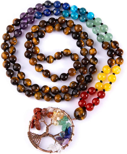 Bivei 108 Mala Beads Necklace Life Tree 7 Chakra Wrap Bracelet Real Healing Gemstone Yoga Meditation Hand Knotted Mala Prayer Bead Necklace