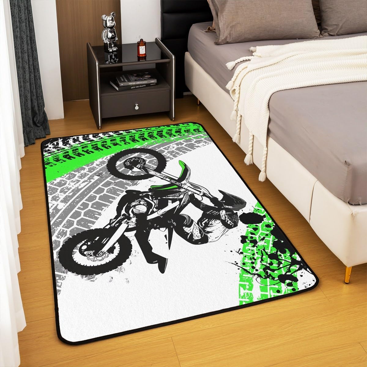 Feelyou Dirt Bike Area Rug 3x5 Kids Extreme Sports Green Honeycomb Living Room Rugs for Bedroom Boys Girls Teens Racing Motocross Rider Decorative Carpet Rug Non-Slip Motorcycle Indoor Floor Mat
