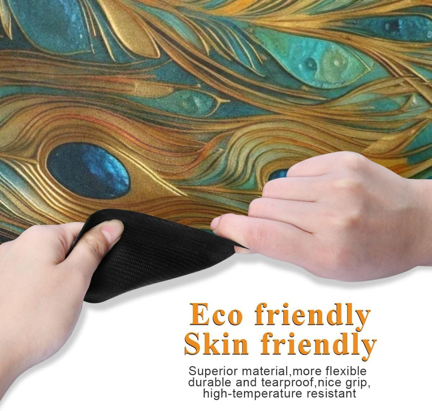 Green and Gold Peacock Feathers mat yoga for exercise printed, natural rubber non slip, yoga mat storage tapete para ejercicio 71x26 inches
