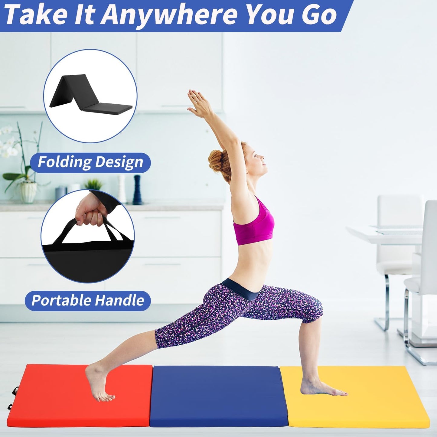 BLKMTY Gymnastics Mats - 2'x6' Folding Exercise & Yoga Mat with Carrying Handles for Kids' Tumbling & Home Gym