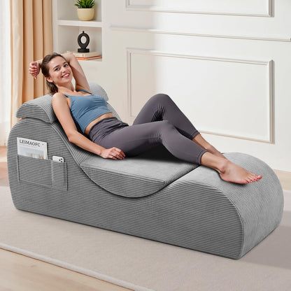 Yoga Chair Lounge for Adult, Ergonomic Chaise Lounge Chair with Side Pocket, Headrest, Waist Pad, Perfect for Stretching, Massage, and Relaxation, Used in Living Room, Bedroom（Black）