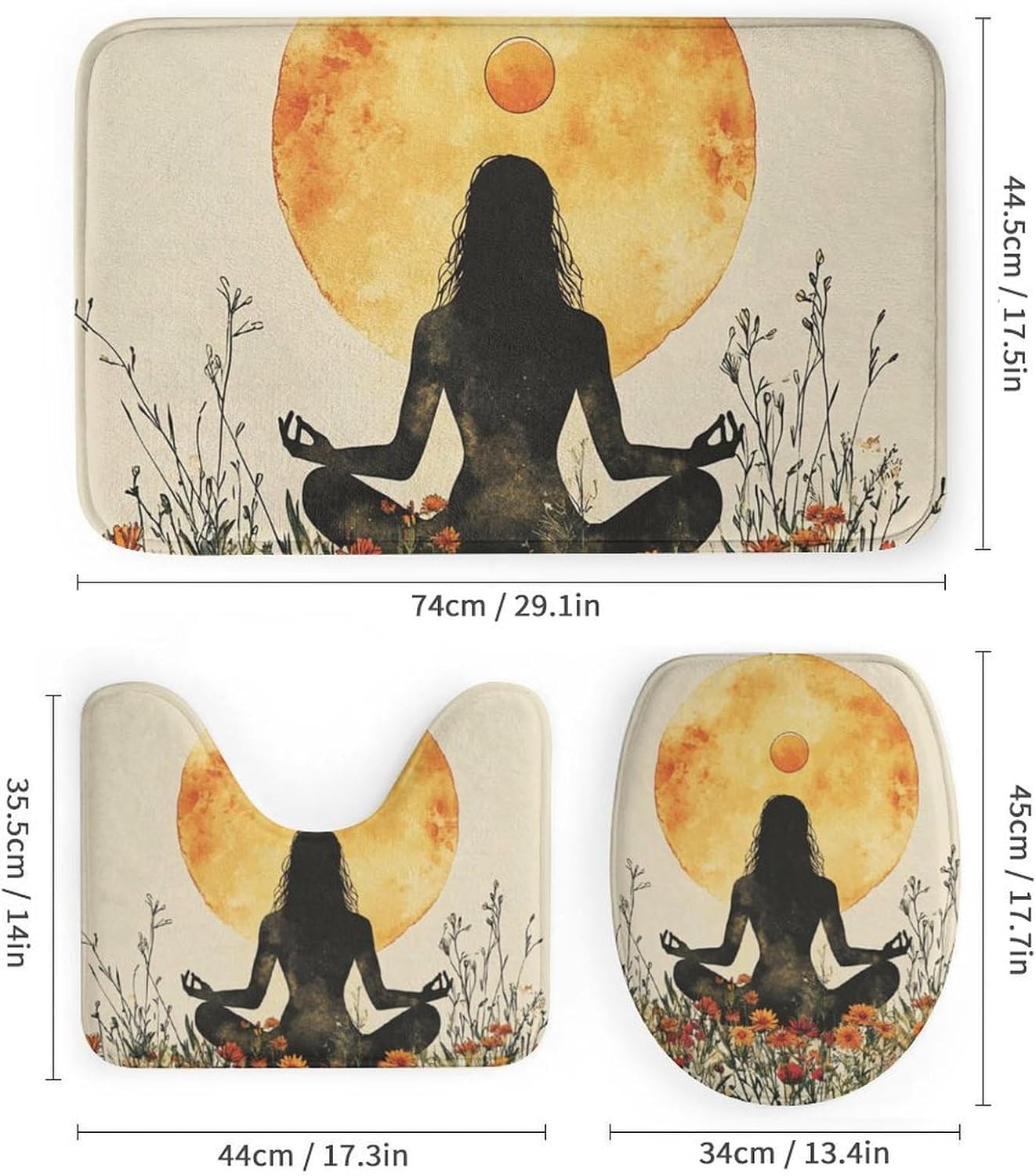 4Pcs Bohemian Yoga Fantasy Shower Curtain Sets, Bath Mat and Rugs, Floral Moon Rustic Art Deco Shower Curtain with Hooks for Bathroom
